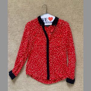 Maeve | XS Red Polka Dot Blouse with navy collar and cuffs